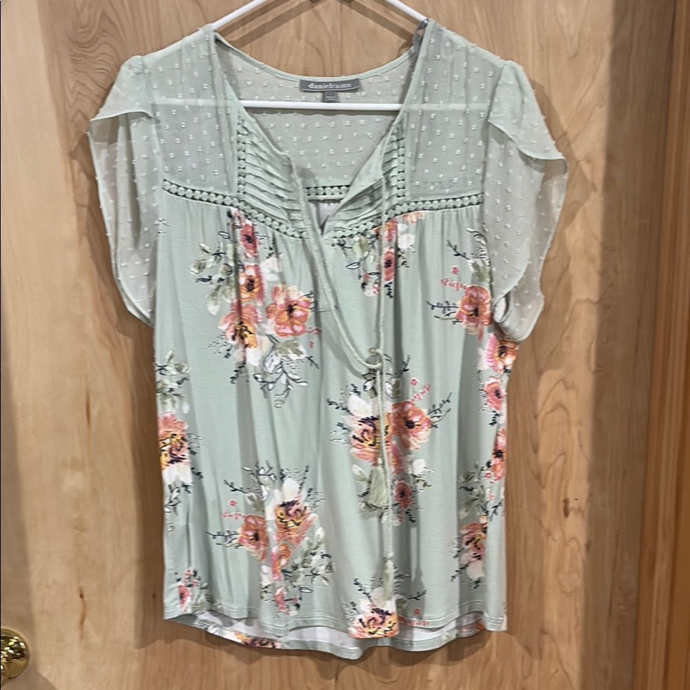Daniel Rainn Green Flutter Sleeve Blouse with Pleated Ruffles